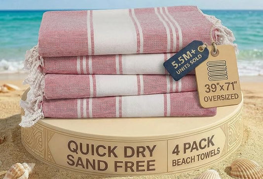 LANE LINEN Beach Towel Set of 4, Turkish Beach Towel Set, Pre-Washed Pool Towels, Quick Dry Travel Beach Towel, Extra Large Beach Towels Oversized, 39"x71" - Cashmere Rose