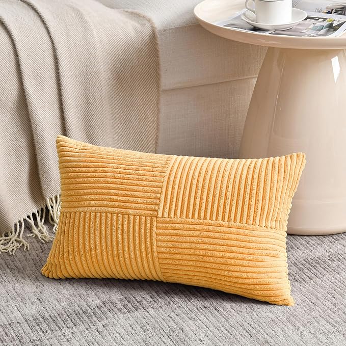 Fancy Homi Gold Yellow Long Lumbar Decorative Throw Pillow Covers 16x24 Inch for Living Room Couch Bed, Boho Farmhouse Fall Home Decor, Soft Corduroy Corss Textured Cushion Case 40x60 cm