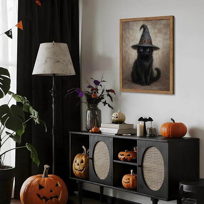Framed Halloween Cat Wall Art, Vintage Gothic Black Cat Witch Canvas Wall Decor Paintings, Moody Dark Academia Animal Artwork Posters Prints Pictures for Bedroom Living Room 16x24 Inch