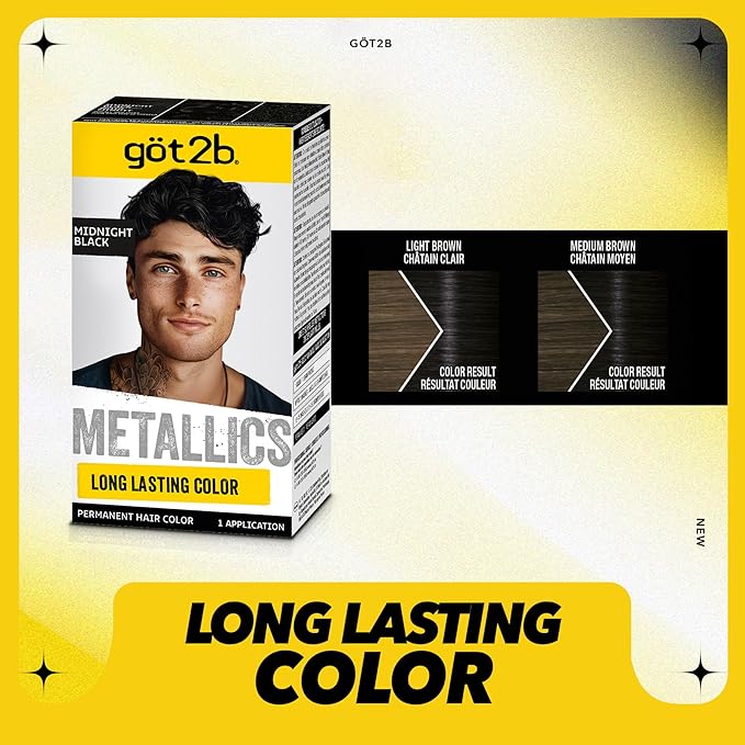 got2b Metallics Permanent Hair Dye, Midnight Black, Hair Color for Women & Men, Formulated with Metallic-Shine Booster for Cool, Shimmering Tones, Lasts Up to 30 Washes, 1 Kit