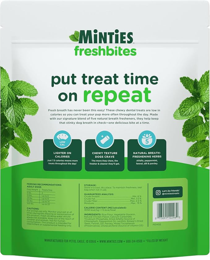 Minties FreshBites Soft and Chewy Dental Treats, Low Calorie Natural Mint Flavored Dental Chews for Dogs, 100 Count, Dog Chews Clean Teeth, Fight Bad Breath, Removes Plaque and Tartar | 7.5-cal soft chew; 5 natural breath fresheners; no wheat, corn, so...