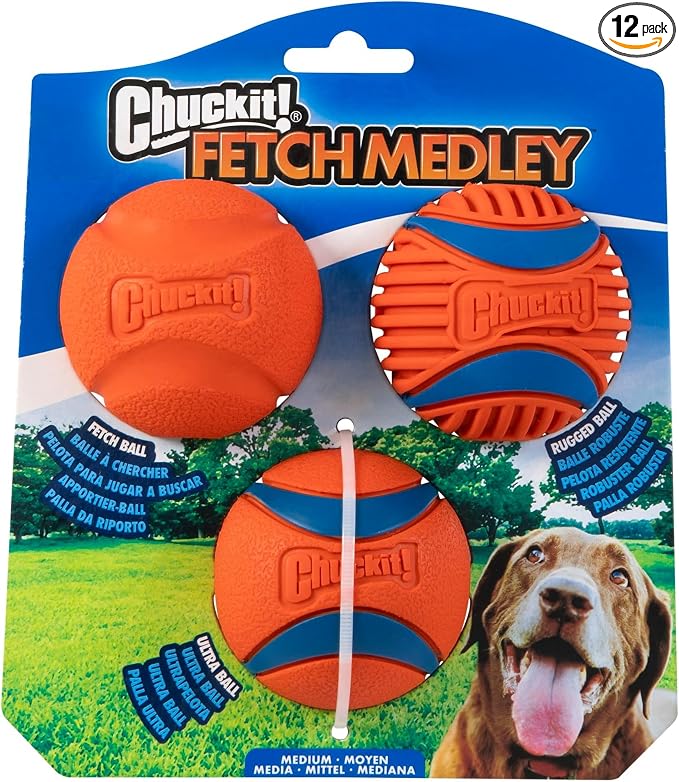 Chuckit! Dog Balls - Interactive Dog Toys, High-Bounce Fetch Ball, Floating Ultra and Rugged Balls, Durable - Size Medium, 2.5-inch Diameter, Set of 3 (Pack of 12)