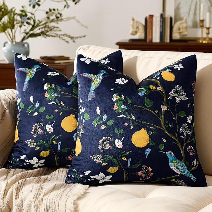 MUSSEL Navy Blue Velvet Floral Decorative 20x20 Pillow Covers Set of 2 | Durable Sturdy,Botanical Printed Pattern,Throw Pillows Case,Square,Colorful Mid Century Cushion Covers,Sofa Couch Decor