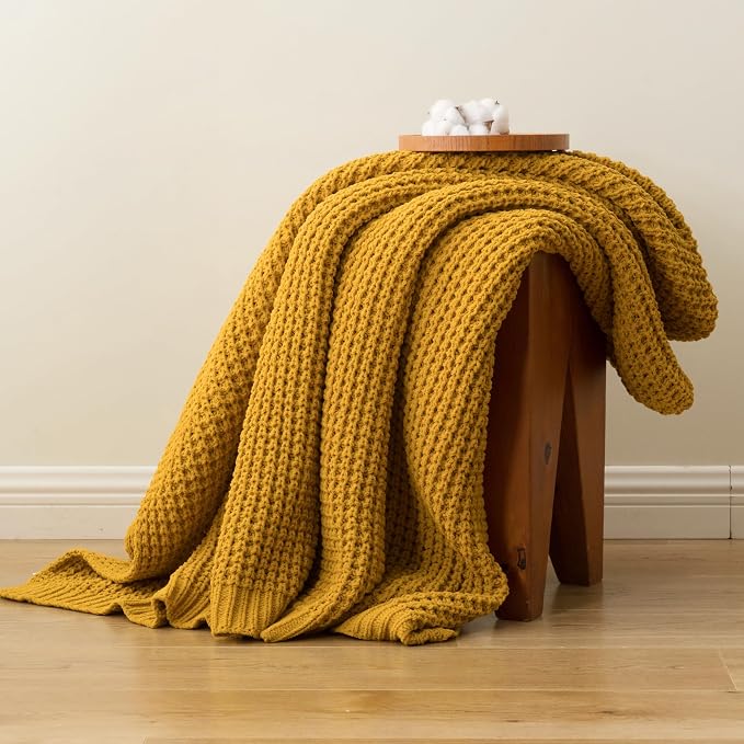 Waffle Knit Throw Blanket, Mustard Yellow Throw Blanket for Couch 60"x80" | Chunky Chenille Throw Blanket, Soft Fall Mustard Throw Blanket for Home Decor, Modern Farmhouse Knitted Style