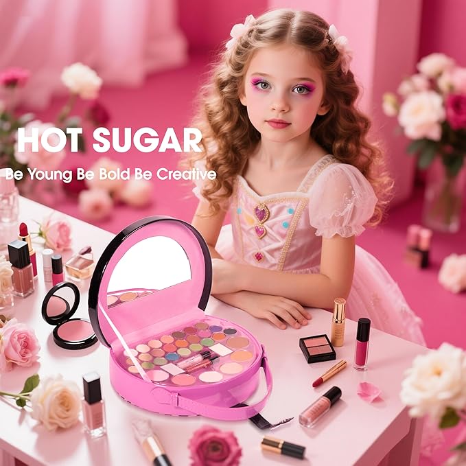 Hot Sugar Kids Makeup Kit, Girls Makeup Kit Age 4-6 7-8 10-12, Cosmetics Gift Set for Girls Birthday Christmas (Rose)