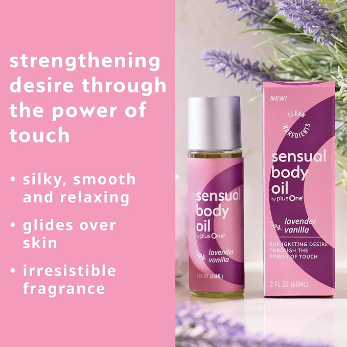 plusOne Sensual Body Oil – Lavender Vanilla Massage & Intimate Oil, 2 fl oz | Plant-Based Blend with Coconut, Jojoba & Sweet Almond Oil, Vegan & Cruelty-Free