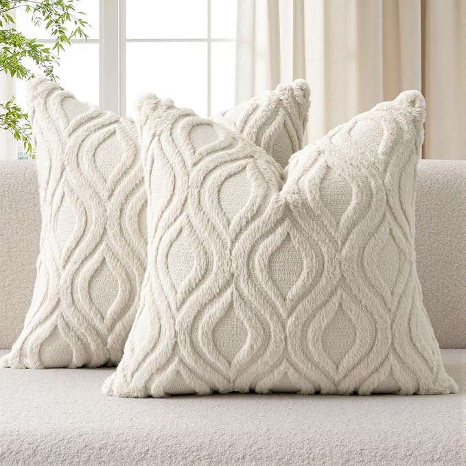 MIULEE Beige Throw Pillow Covers 18x18 Inch, Neutral Soft Plush Faux Wool Solid Couch Pillows Set of 2, Decorative Farmhouse Boho Cushion Covers for Sofa Living Room Bed Home Decor | Set of 2, Fall Farmhouse Boho Home Decor, Decorative Cushion Covers f...