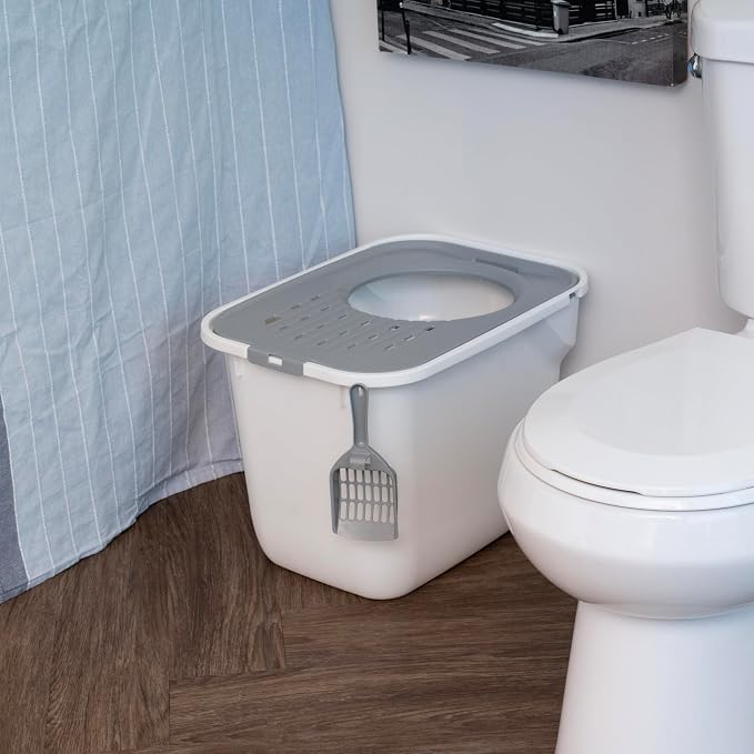 IRIS USA Large Top Entry Cat Litter Box, Hooded Privacy, White/Gray | Dog-Free Zone, Dog Proof Pan, Mess Containment System, Protected Interior, Odor Trapping, Easy Scoop Access