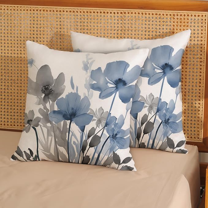 Spring Floral Pillow Covers 18x18 Inches Set of 2 Gray Blue Floral Throw Pillow Covers Outdoor Rustic Summer Flower Decoration Pillowcase Farmhouse Decorative Cushion Cover For Home Sofa Couch