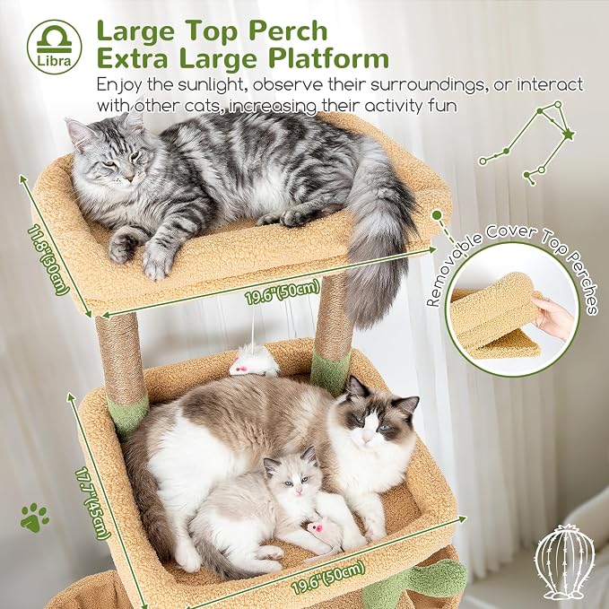 Globlazer Heavy Duty Cat Tree 78 inch Sturdy Cactus Cat Tower for 20lbs Large Adult Cats, Symmetrical Aesthetic Big Cactus Cat Tree with Extra Large Platform, 2 Scratching Boards, Z78, Green