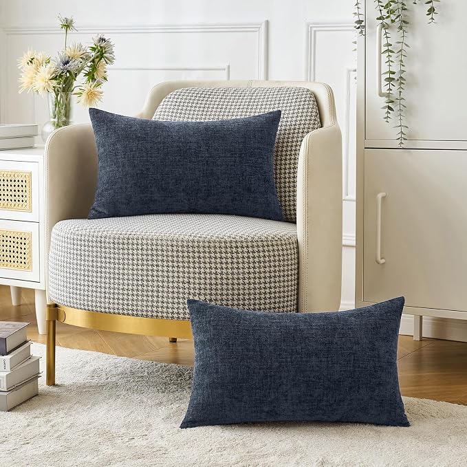 MIULEE Soft Chenille Lumbar Throw Pillow Covers Dark Navy 12x20 Pack of 2 | Modern Coastal Home Decor, Classic Decorative Pillows, Solid Dyed Cases, Boho Couch Cushion Covers for Sofa Bed Living Room