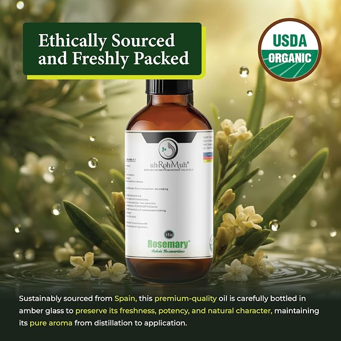 Organic Rosemary Essential Oil Chemotype Cineole | 100% Pure Steam Distilled Rosemary Oil | Fresh Herbaceous Aroma for Diffuser Aromatherapy, Massage Blends & DIY Recipes | Spain - 4 Fl Oz