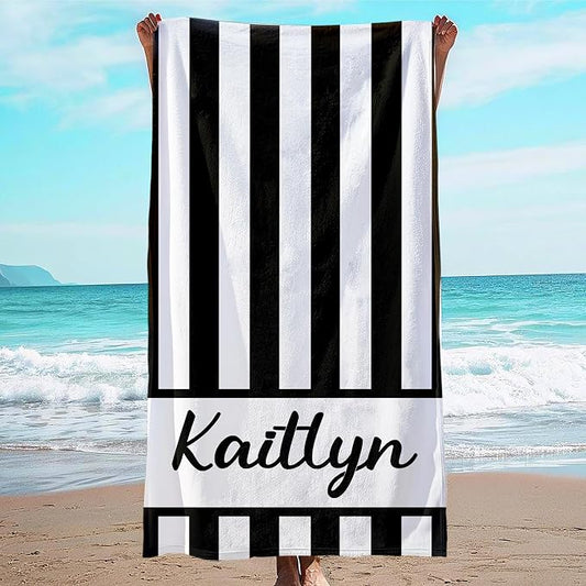 JML Personalized Beach Towel with Name, Custom Cabana Stripe Beach Towel, Customized Microfiber Pool Towel, Quick Dry & Absorbent Swim Towel for Adult,Anniversary, Birthday, Summer Holiday,Vacation
