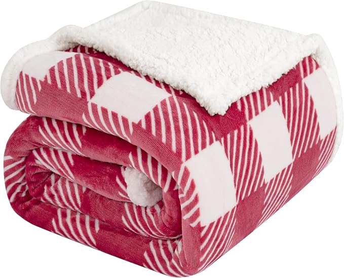 Sherpa Plaid Twin Blanket 60" X 70", Fuzzy Fluffy Soft Cozy Throw Blanket, Twin Size Plush Fleece Flannel Plush Microfiber Blanket for Couch Bed Sofa (RustRed)