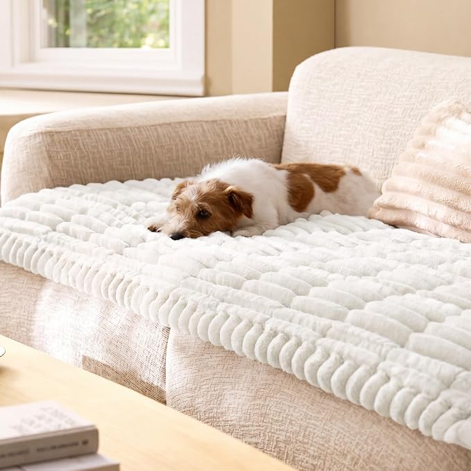 Bedsure Comfyfleece™ Sofa Cover, Couch Covers for Dogs, 27.6 x 59 White | Non-Slip, 300gsm Thick Quilted Padding, Ultra-Soft Corduroy Flannel, Machine Washable, for Standard Loveseat/2-Seater Couch