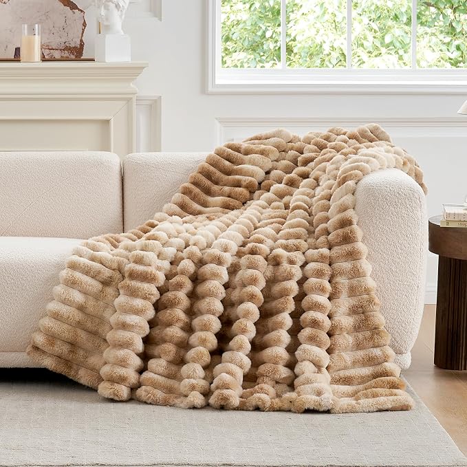 Cozy Bliss Faux Fur Throw Blanket for Couch, Cozy Warm Plush Striped Blanket for Sofa Bedroom Living Room, 50 * 60 Inches Tie-dye Khaki
