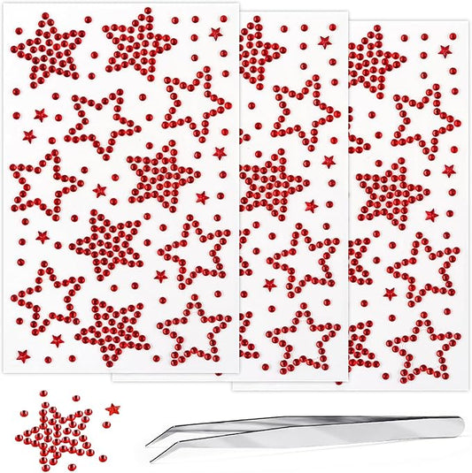 3 Sheers Red Star Gems Stickers Acrylic Star Rhinestone Sticker Self Adhesive Face Jewels Stick On Eye Nail Body Crystal Pearls Jewels Face Sticker Decorative Stickers for Independence Day