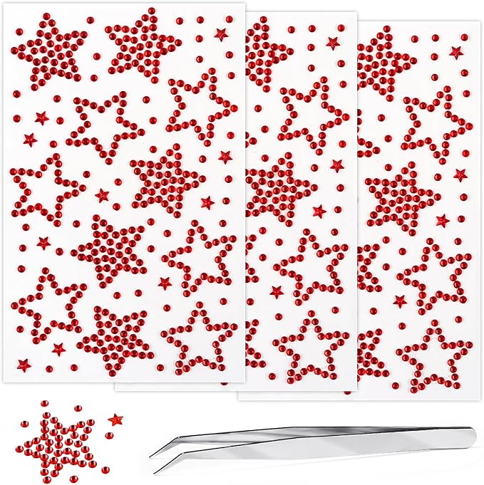 3Sheets Star Gem Stickers Jewels for Crafts, Face Makeup - Self Adhesive Rhinestone Jewel Stickers, Stick on Gems Rhinestones for Crafts, Craft Supplies for Kids (14.red Star)