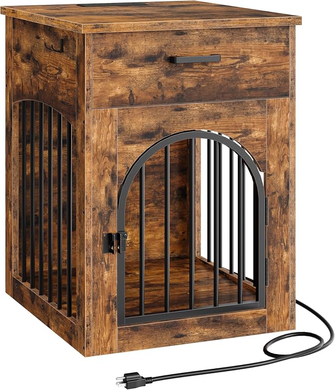 CHOEZON Dog Crate Furniture, Wooden Dog Kennel with Charging Station and Storage Drawer, Indoor Pet Crate End Table for Small Breeds, Dog Cage Furniture for Living Room, Bedroom, Rustic Brown MGW01UFG