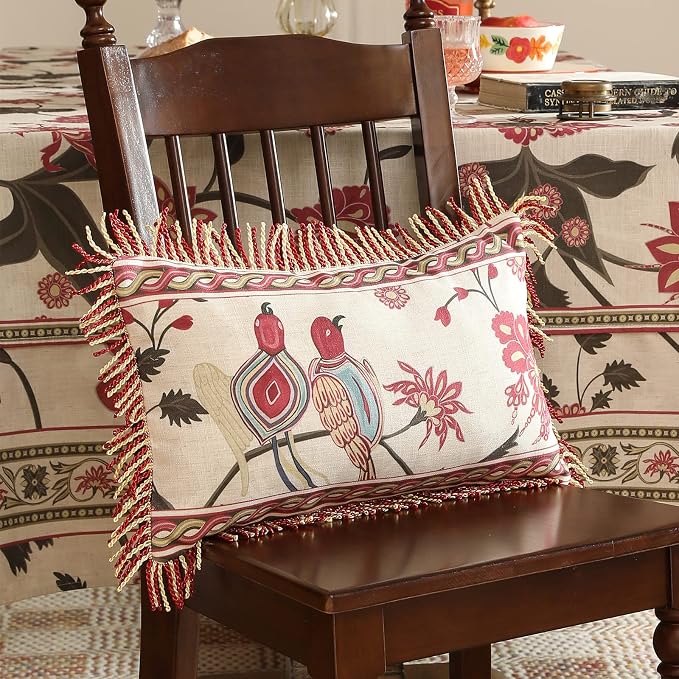 patdrea Designer Vintage Linen Throw Pillow Cover,12"x20"-Schumacher E | Elegant Decorative Pillow Case,Bird Pattern with Fringe Trim,Cushion Coverfor Couch Living Room Bedroom Sofa