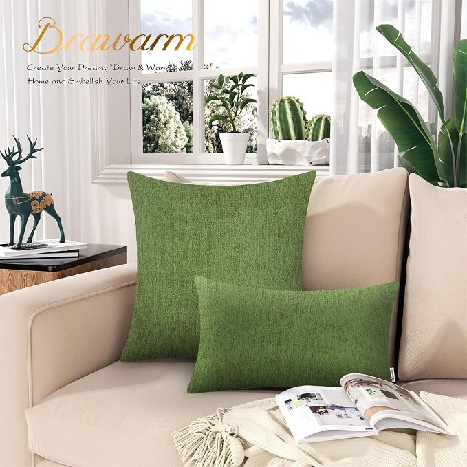 BRAWARM Throw Pillow Covers 12x20 Inches - Forest Green Chenille Lumbar Pillow Covers Pack of 2, Solid Dyed Soft Chenille Pillow Cases for Couch Sofa Bed Home Decoration