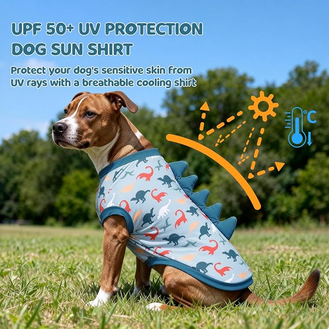 UPF 50+ Sun Protection Dog Shirt - Sleeveless Cooling Vest for Large Dogs Boy, Quick-Dry Pet T-Shirt with Funny Dinosaur Horns, UV Protective Breathable Dog Clothes U-COSBX05L