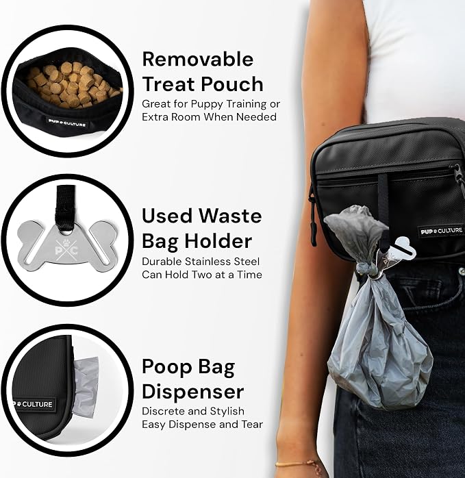 Pup Culture Dog Treat Pouch with Poop Bag Dispenser and Removable Treat Pouch | Cross Body Dog Walking Bag | The Perfect Puppy Training Tool and Even Better Gift