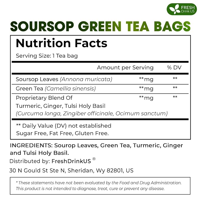 FreshDrinkUS, Premium 75 Tea Bags Soursop Green Tea, 100% Natural & Proprietary Blend from Soursop Leaves and Green Tea. Smooth Flavor. Made with Eco-Conscious Tea Bags. No Additives No Sugar, Vegan.