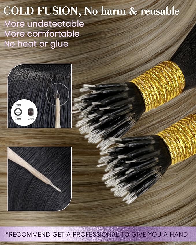 LaaVoo Nano Bead Hair Extensions Human Hair Brown Nano Hair Extension Human Hair 18 inch Balayage Dark Brown to Light Brown and Blonde 50g/50s