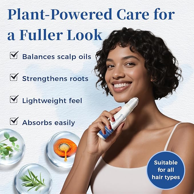 Hair Growth Serum Roll On with Rosemary，Helps Support Thicker, Fuller Hair Appearance，Clean, Non-Greasy Hair Loss Support for Men & Women，Saw Palmetto，0.84 Fl Oz (Pack of 3)