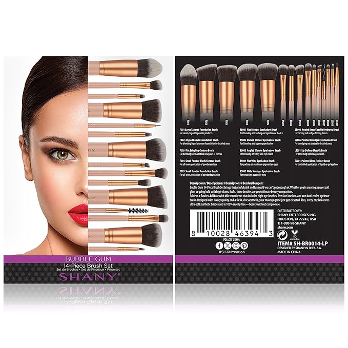 SHANY14 Piece Makeup Brush Set – Elite Cosmetics Brush Collection - Complete Kabuki, Eyes, Face, powder, foundation Makeup Brush Set - Bubble Gum