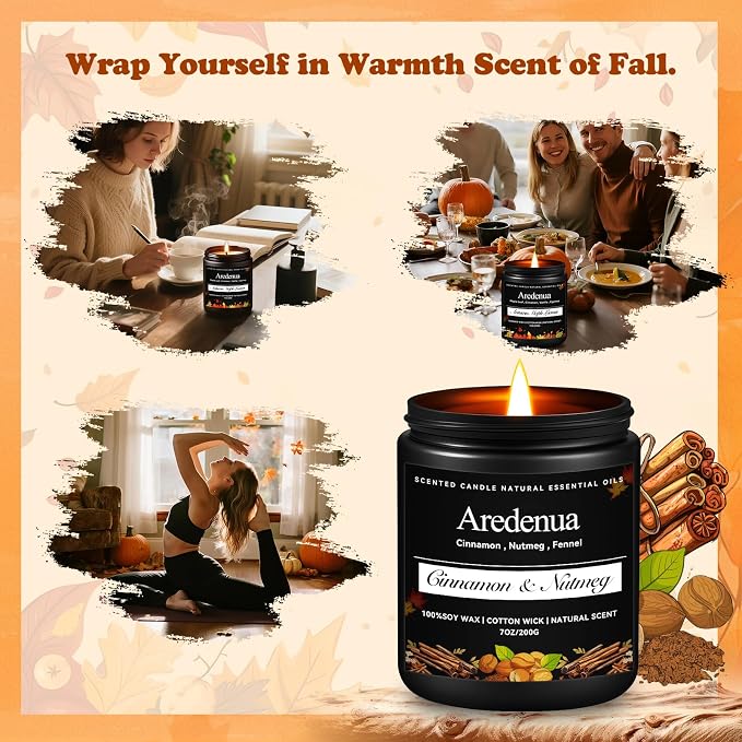 Cinnamon & Nutmeg Candles – Fall Spice Aroma, Cozy Autumn & Fall Candles Gift, 7oz Soy Candle for Home Scented, Seasonal Candle Gift for Holiday & Winter