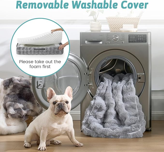 COZY KISS Faux Fur Orthopedic Dog Bed Washable for Extra Large Dogs, XL | Soft Warm Pet Sofa with Sides or Bolster, Non-Slip and Big Dog Couch with Removable Waterproof Cover, 44x32 inch, Grey