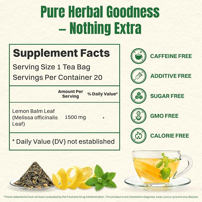 Hiihone Lemon Balm Tea Bags 100 Count – Pure & Natural Lemon Balm Tea, Caffeine-Free Herbal Tea, Calming & Soothing, Non-GMO, Fresh Citrusy Flavor