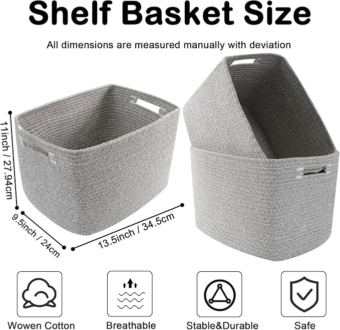 3 Pack Woven Baskets,Storage Baskets for Shelves with Handles | 13.5"×11"×9.5", Closet Baskets, Nursery Organizer for Toys Towels Books, Storage Bin for Living Room Bedroom (Mixed Grey)