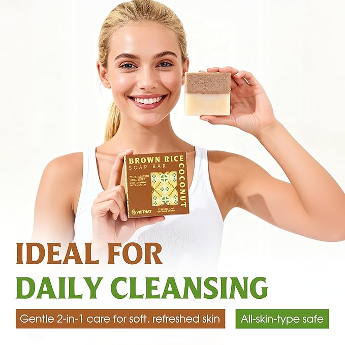 Brown Rice & Coconut Milk 2-in-1 Soap Bar (4.2 oz) | Gentle Exfoliation & Nourishing Cleanse | Cold-Processed, Handmade in Vietnam for Smooth, Fresh Skin