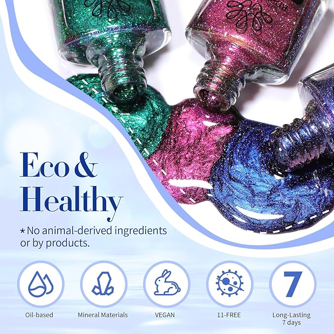 BORN PRETTY Chameleon Nail Polish Set Holographic Glitter Polish Shimmer Nail Art Polish with Black Nail Polish Multicolored Nail Art Varnish 4 Bottles