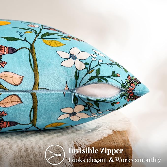 MUSSEL Light Blue Floral Vintage Decorative Pillow Covers 18x18 Set of 2 | Soft Velvet,Wild Flower Plant,Throw Pillows Case,Square,Colorful Farmhouse Cushion Covers,Home Sofa Bed Couch Decor