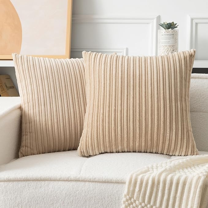UGASA Velvet 18x18 Inch Soft Throw Pillow Covers Decorative Corduroy Striped Both Sides Solid Square Cushion Cases Boho Farmhouse for Couch Bedroom Sofa Home, Pack of 2, Beige
