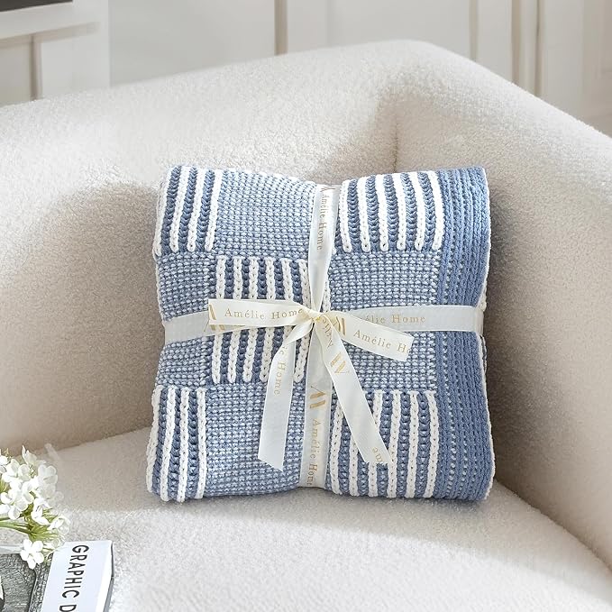 Knit Throw Blanket, Soft Chenille Cozy Breathable Dual Tone Checkered Chunky Decorative Blanket for Couch, Bed & Sofa, French Lightweight Warm Gift for Women, Washed Blue, 60"x80"