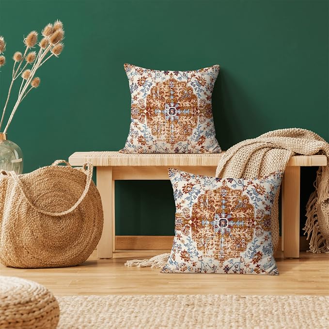Boho Pillow Covers 20x20 Inch Set of 2,Carpet Pattern Throw Pillows Case,Mustard Yellow Blue Ethnic Design Outdoor Decorative Square Linen Farmhouse Decor Cushion Covers for Home Sofa Bed Couch