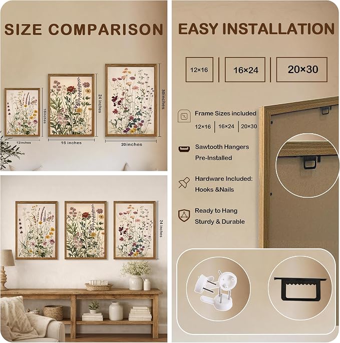 WRFON Botanical and Flower Canvas Wall Art, Framed Wildflower Wall Art Set of 3, Vintage Meadow Flower Canvas Prints, Cottagecore Floral Decor for Living Room Bedroom Bathroom Farmhouse Home, 12x16
