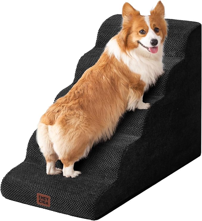 EHEYCIGA Curved Dog Stairs Ramp, 5-Step Extra Wide High Beds, Dog Steps | 33D density of pure foam, for Small Dogs and Cats, Pet Stairs for High Bed Climbing, Non-Slip Balanced Indoor, Black