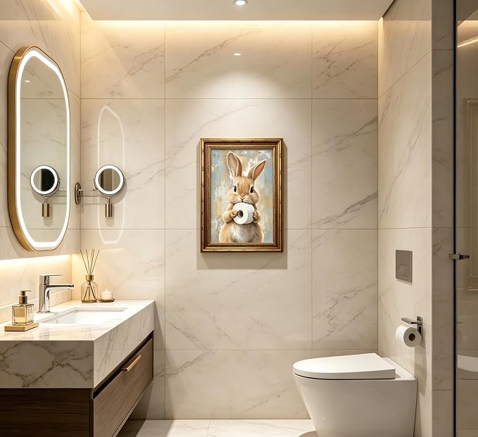 Vintage Gold Framed Bunny Easter Bathroom Wall Art Funny Rabbit and Toilet Paper Painting Canvas Prints Country Animal Picture Wall Decor Rustic Farmhouse Poster Artwork for Restroom Toilet Washroom