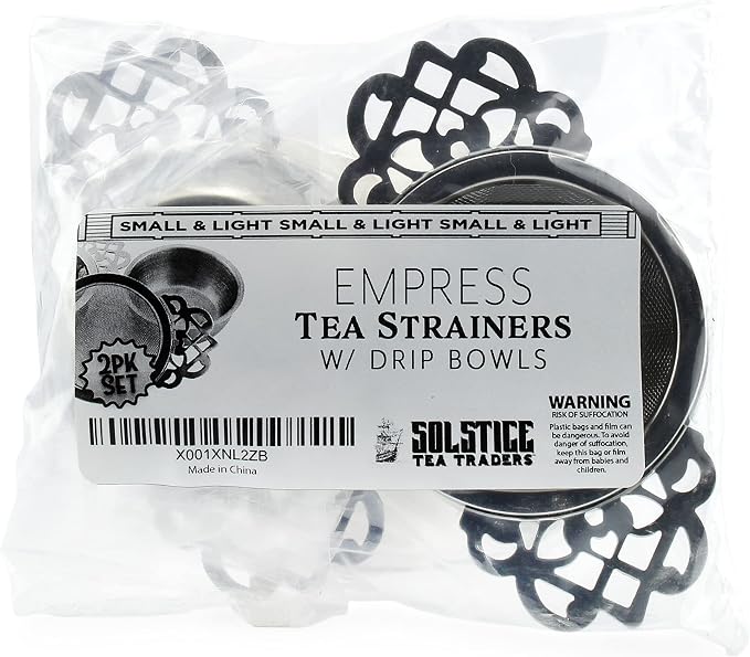 SOLSTICE TEA TRADERS Empress Tea Strainers with Drip Bowls (Pack of 2) Elegant Stainless Steel Loose Leaf Tea Strainers
