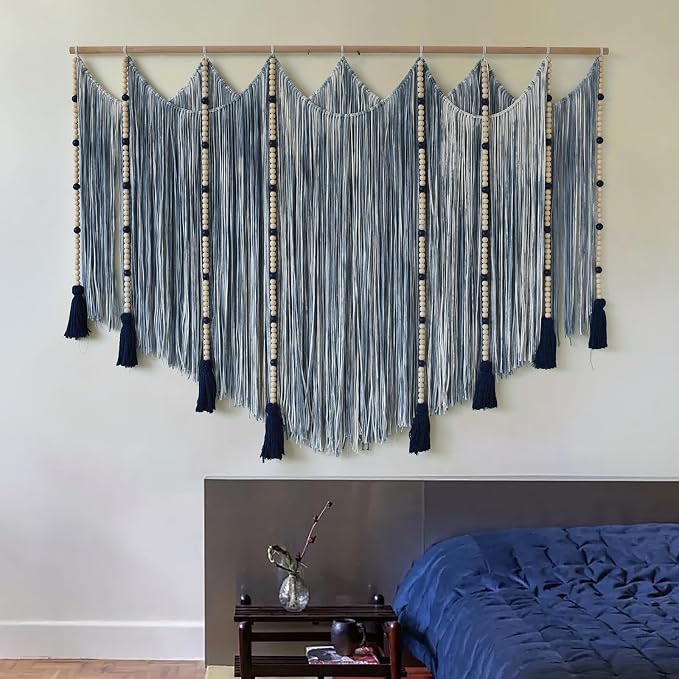 Jakalin Macrame Wall Hanging Blue Dip Dye Bead Boho Home Decor 57"x43" | Blue Dip-dye Cotton Cord, Handwoven Beadwork, Artisan Texture, Modern Boho Wall Decor, Home Accent Yarn Fiber Wall Art