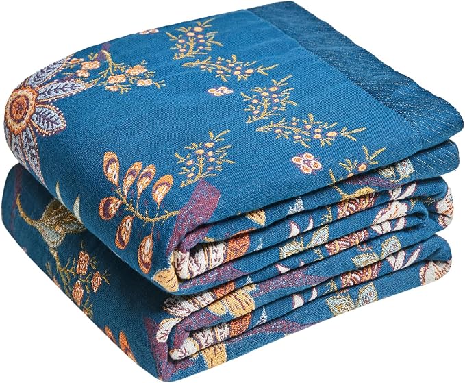 LUTBM Boho Throw Blanket for Bed 60"x80", All Season Cotton Couch Blankets | Blue Reversible Floral Jacquard, Muslin Gauze Twin Quilt, For Chair Sofa Bedroom Living Room Decor, Lightweight & Breathable