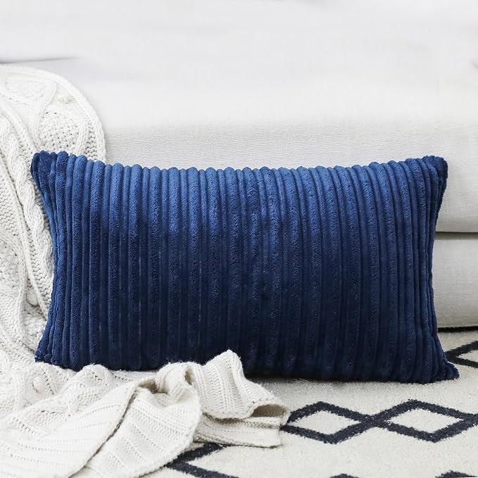 UGASA Velvet Soft Solid Corduroy Striped Decorative Throw Pillow Covers Set Cushion Case for Sofa/Bedroom/Car, 1 Pc, 12x20 Inch, Navy Blue