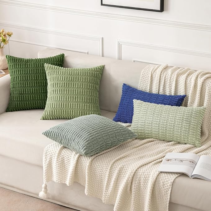 MIULEE Corduroy Decorative Throw Pillow Covers 20x20 Moss Green Pack of 2 | Soft Boho Striped Pillow Covers Modern Farmhouse Home Decor For Sofa Living Room Couch Bed
