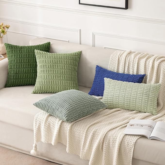 MIULEE Corduroy Decorative Throw Pillow Covers 16x16 Moss Green Pack of 2 | Soft Boho Striped Pillow Covers Modern Farmhouse Home Decor For Sofa Living Room Couch Bed